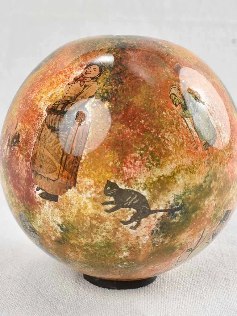 Antique French blown glass wig display decorated with villagers 6"