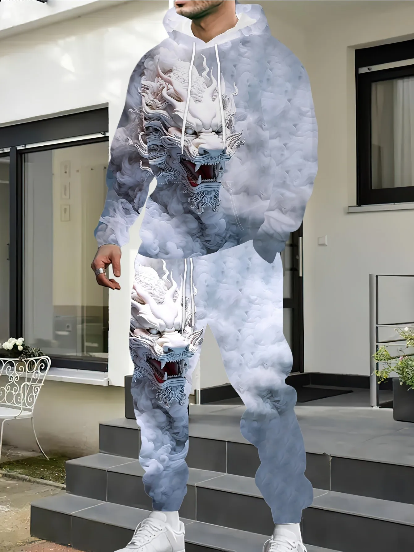 Cartoon Dragon Digital Print, Men's 2pcs Outfits, Casual Long Sleeve Hoodie Sweatshirt And Sweatpants Joggers Set For Winter & Fall, Athletic Tracksuit Set