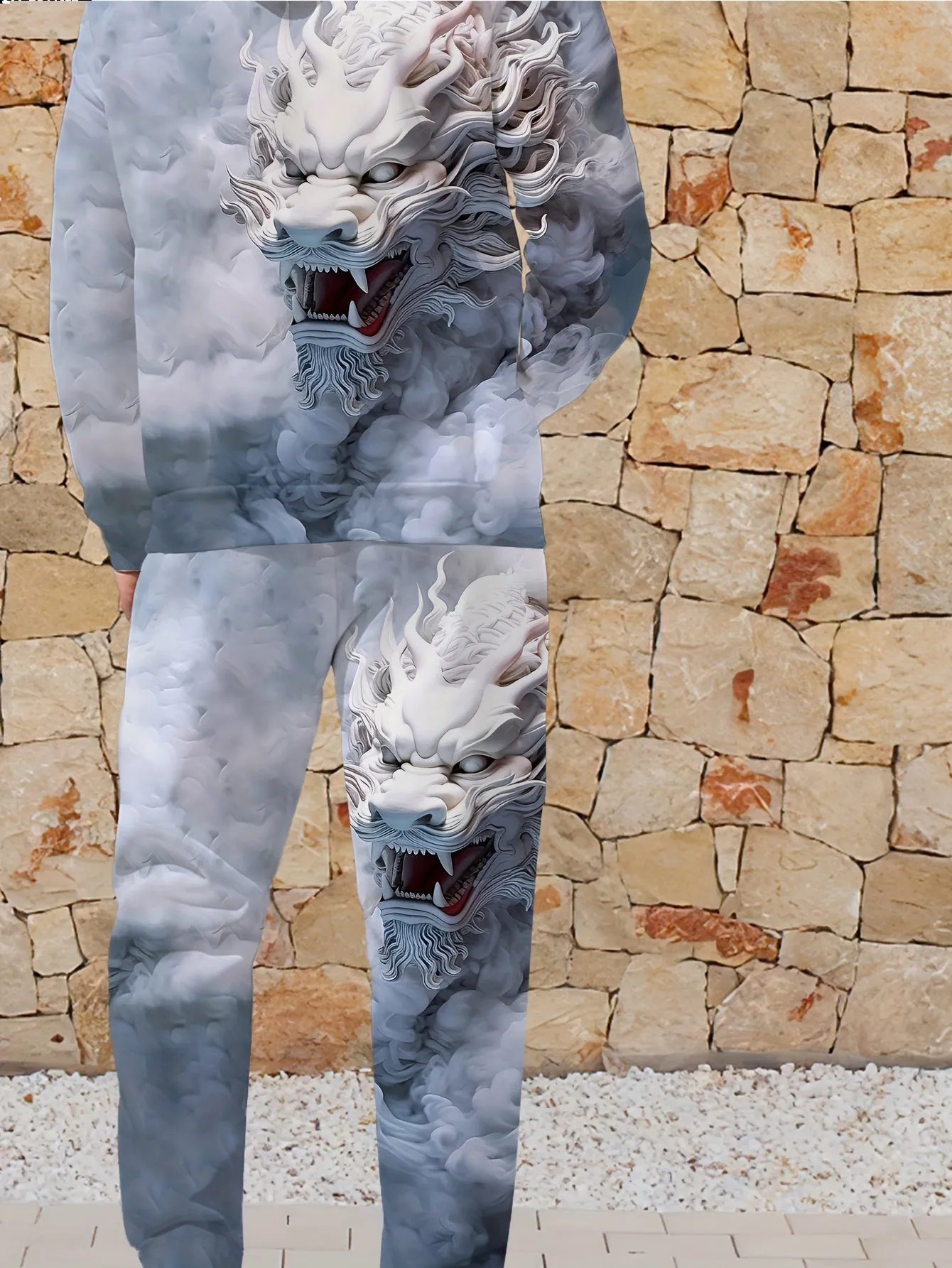 Cartoon Dragon Digital Print, Men's 2pcs Outfits, Casual Long Sleeve Hoodie Sweatshirt And Sweatpants Joggers Set For Winter & Fall, Athletic Tracksuit Set