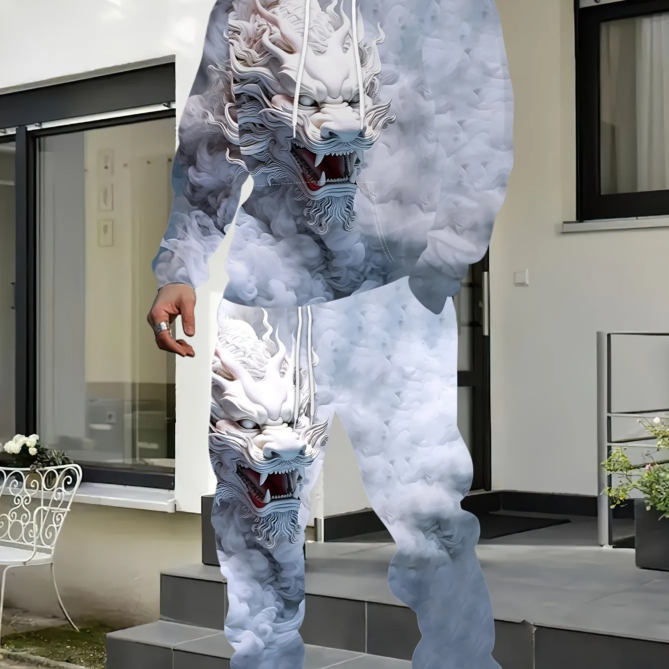 Cartoon Dragon Digital Print, Men's 2pcs Outfits, Casual Long Sleeve Hoodie Sweatshirt And Sweatpants Joggers Set For Winter & Fall, Athletic Tracksuit Set