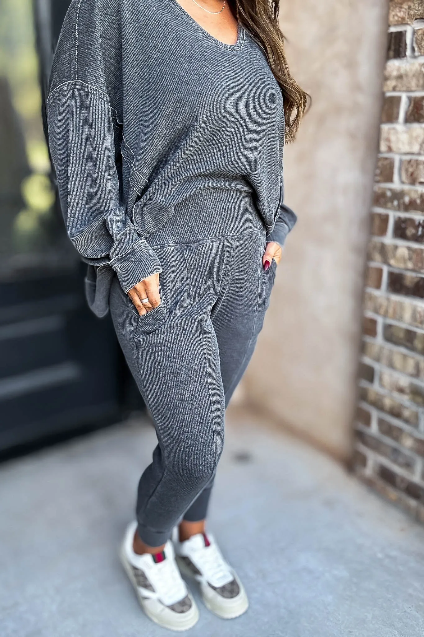 Cotton Blend Black Waffle Knit Jogger