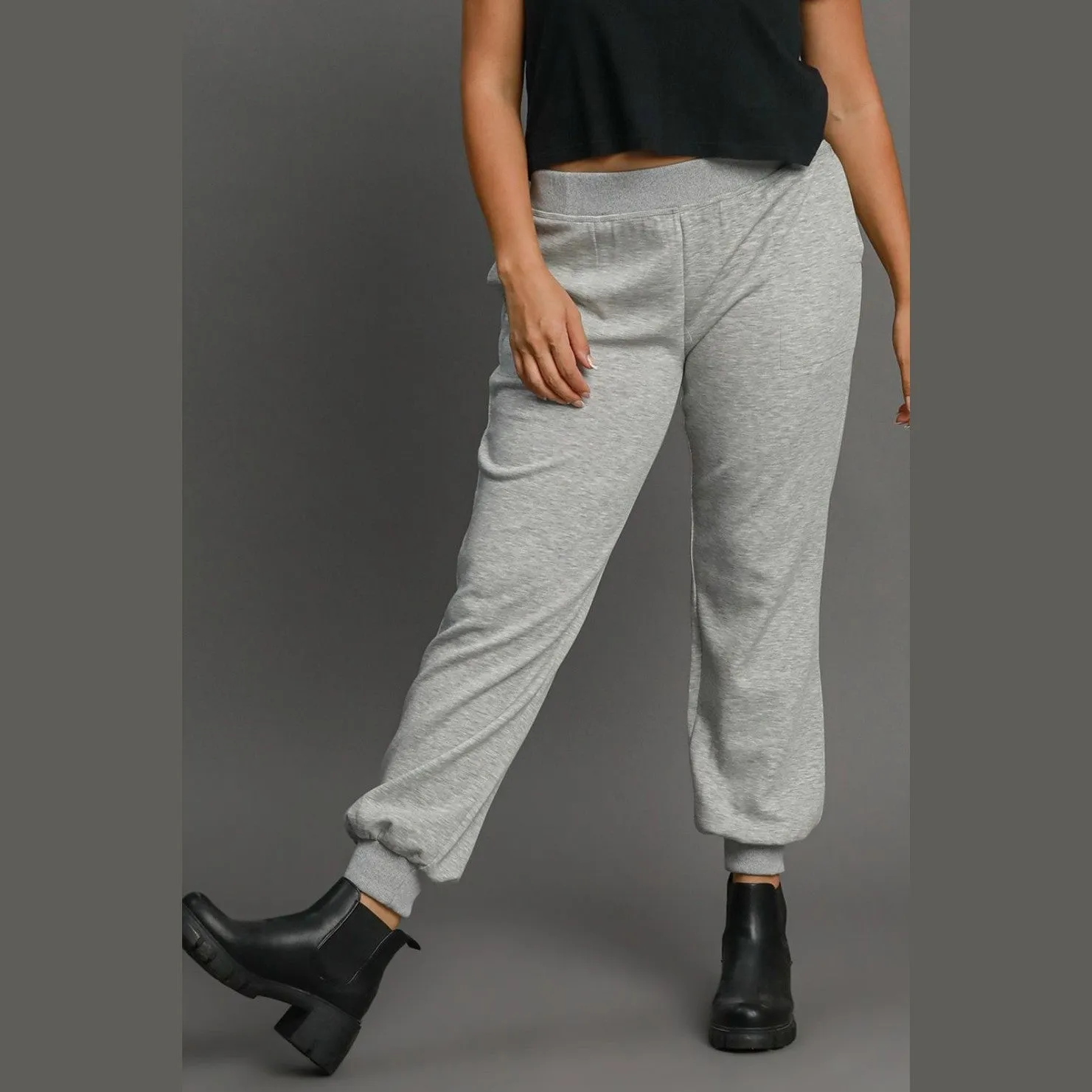 High Rise Elastic Waist Knit Joggers with Pockets