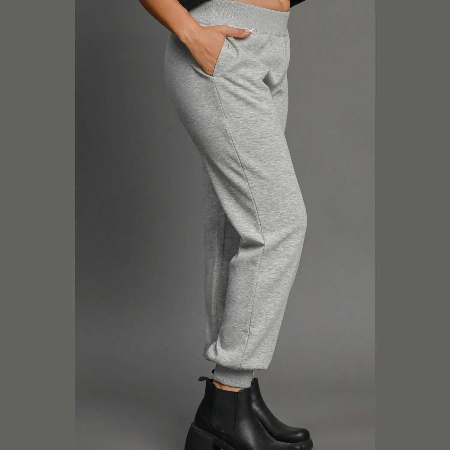 High Rise Elastic Waist Knit Joggers with Pockets