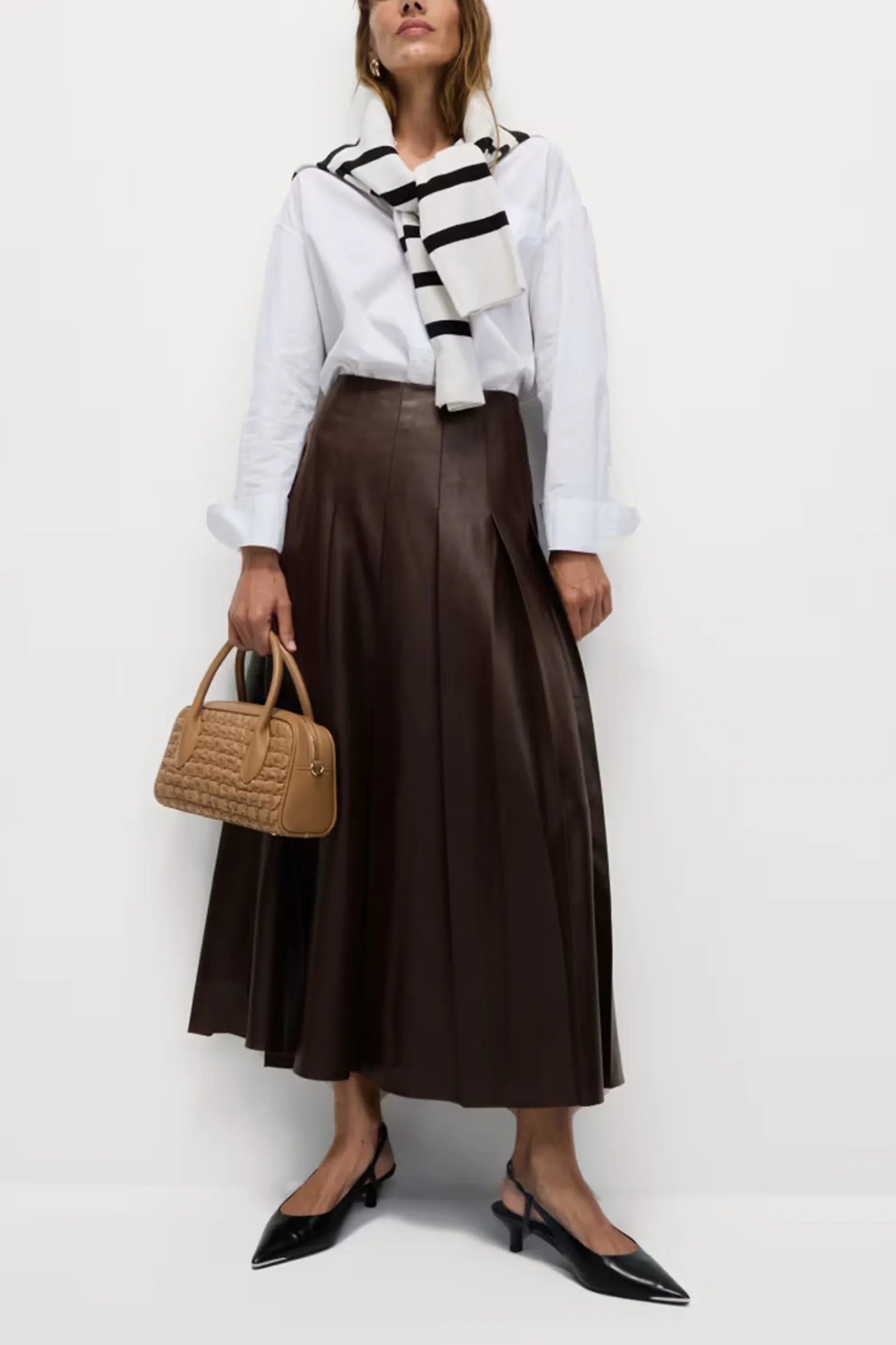Leather Look Pleated Midaxi A-Line Skirt