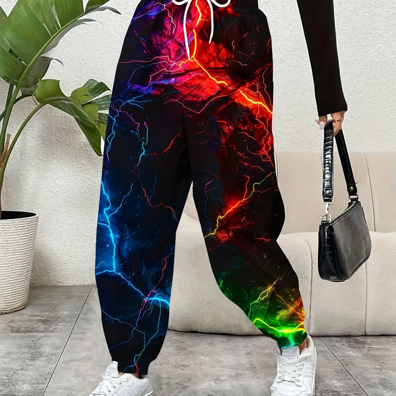Lightning Print Elastic Waist Sporty Pants, Casual Baggy Drawstring With Pockets Pants For Every Day, Women's Clothing
