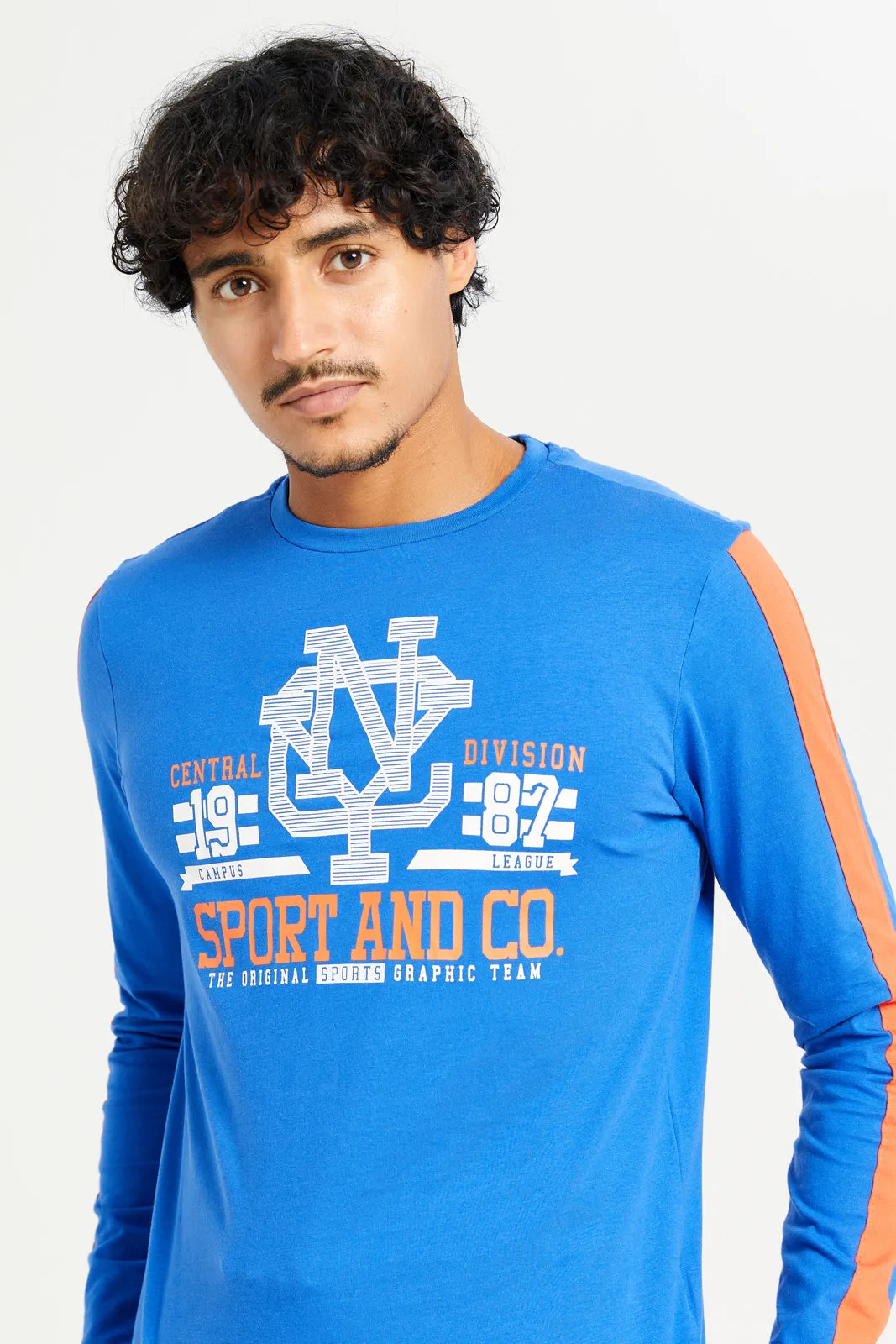 Men Blue Long Sleeve Printed T-shirt