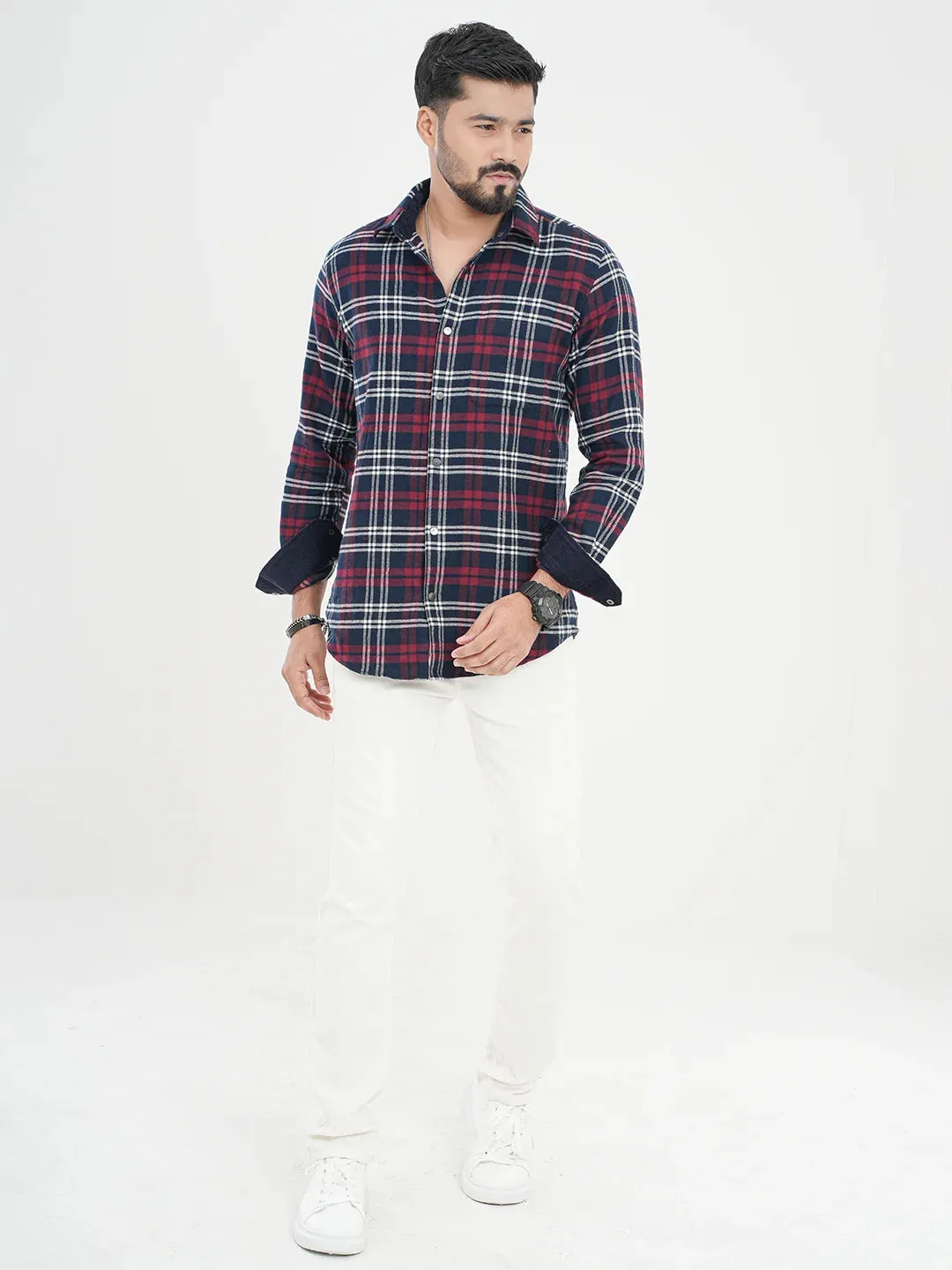 Men's Casual Full Sleeve Flannel Shirt in Wine Plaid Check
