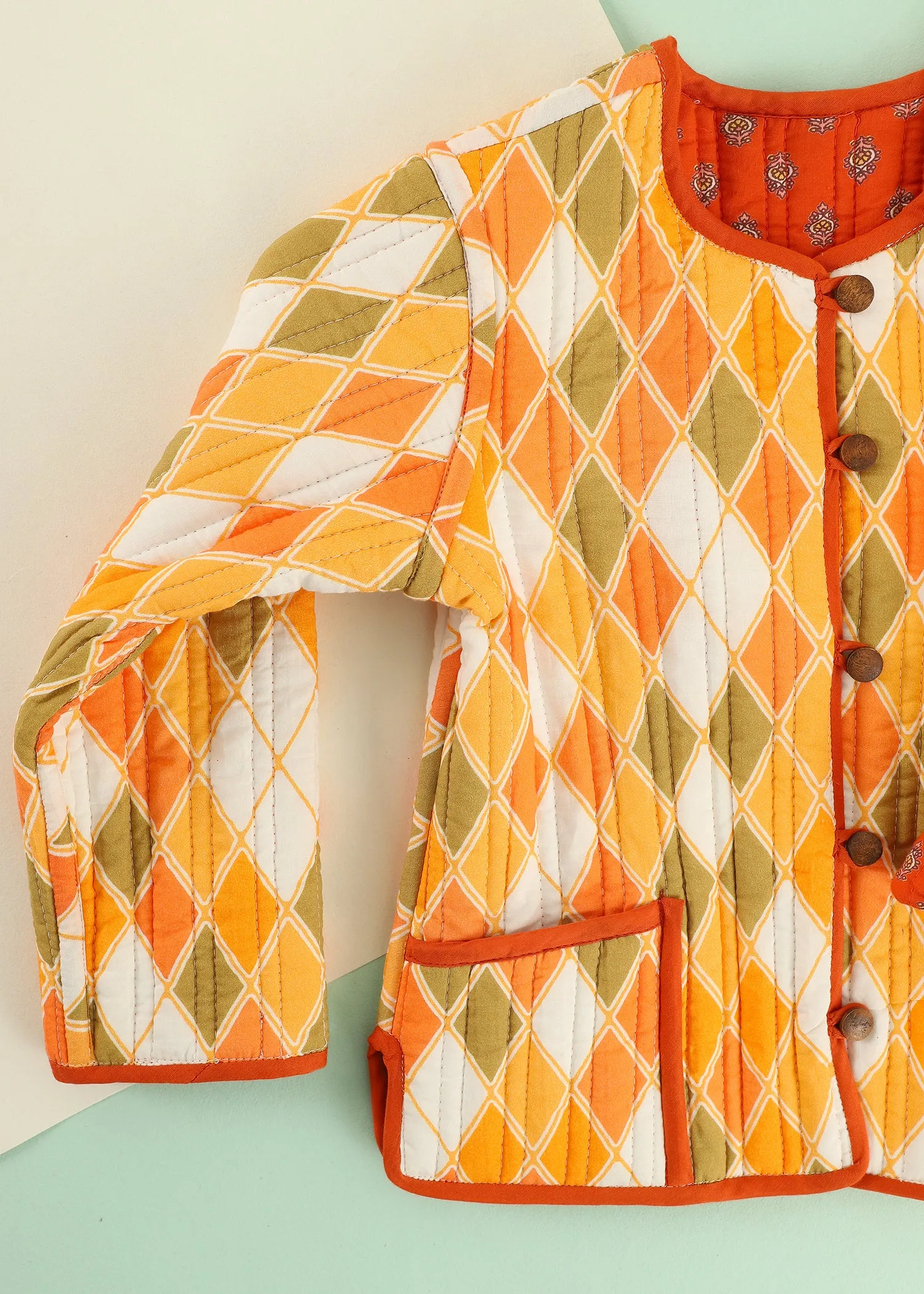 Orange Rhombus Quilted Cotton Reversible Coat Unisex (0-7 Years)
