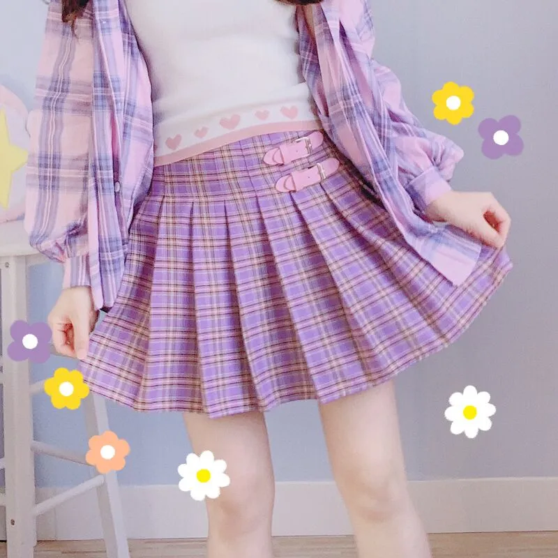 Purple Grid Pleated Skirt AD10383