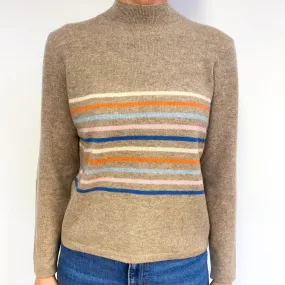 Taupe Brown Striped Cashmere Crew Neck Jumper Medium