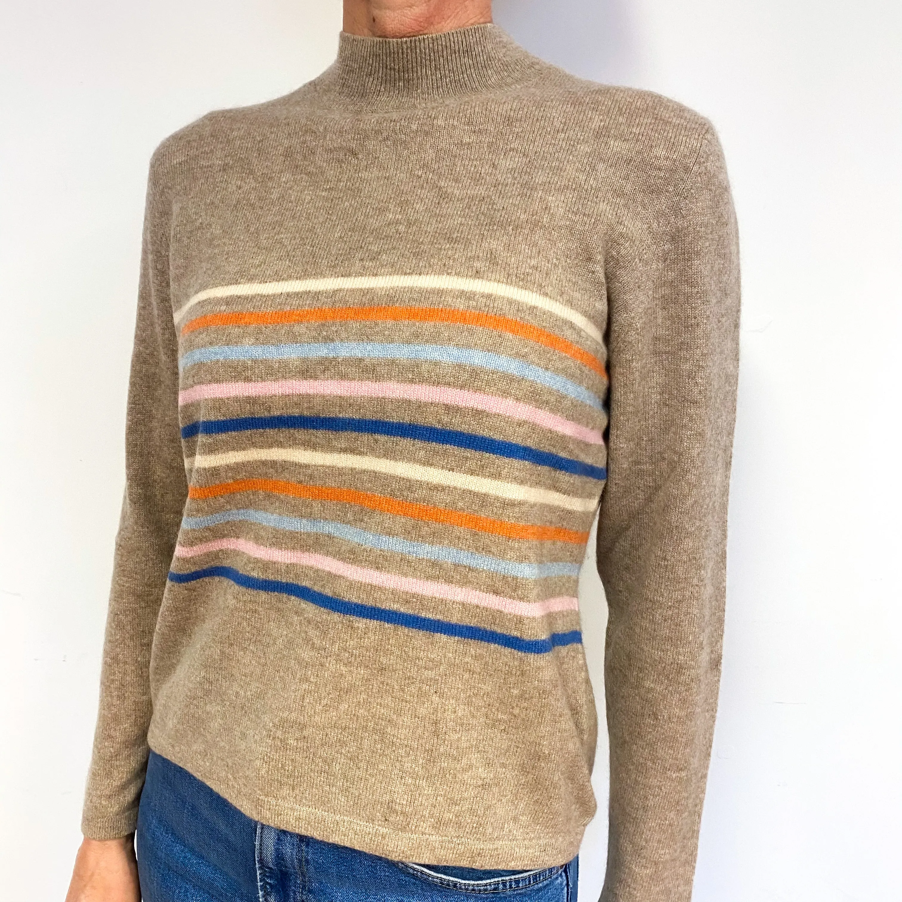 Taupe Brown Striped Cashmere Crew Neck Jumper Medium