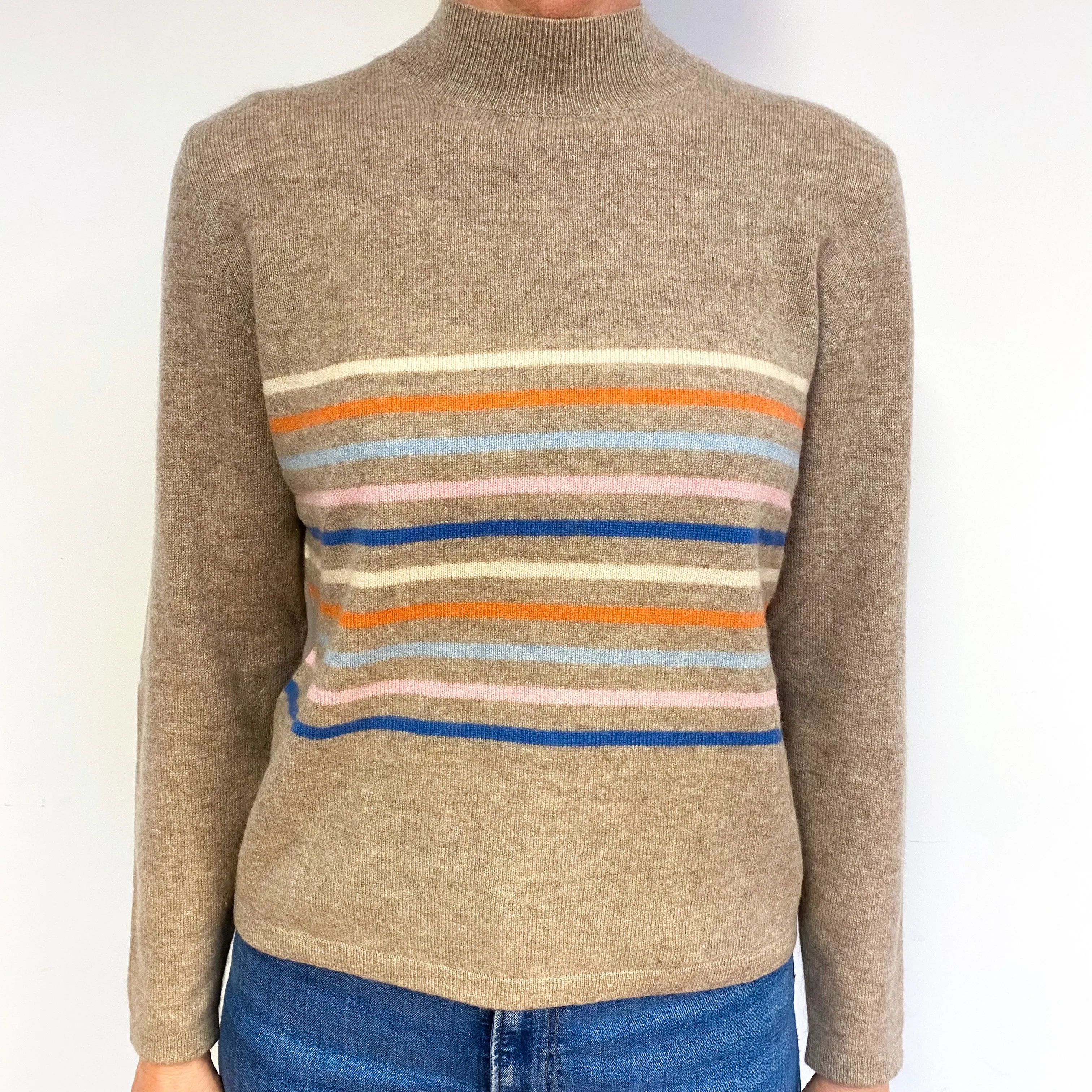 Taupe Brown Striped Cashmere Crew Neck Jumper Medium