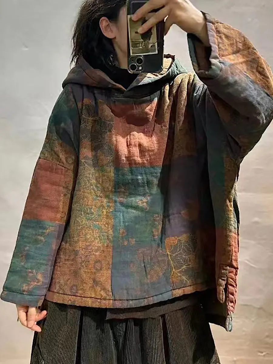 Women Vintage Winter Spliced Hooded Padded Coat