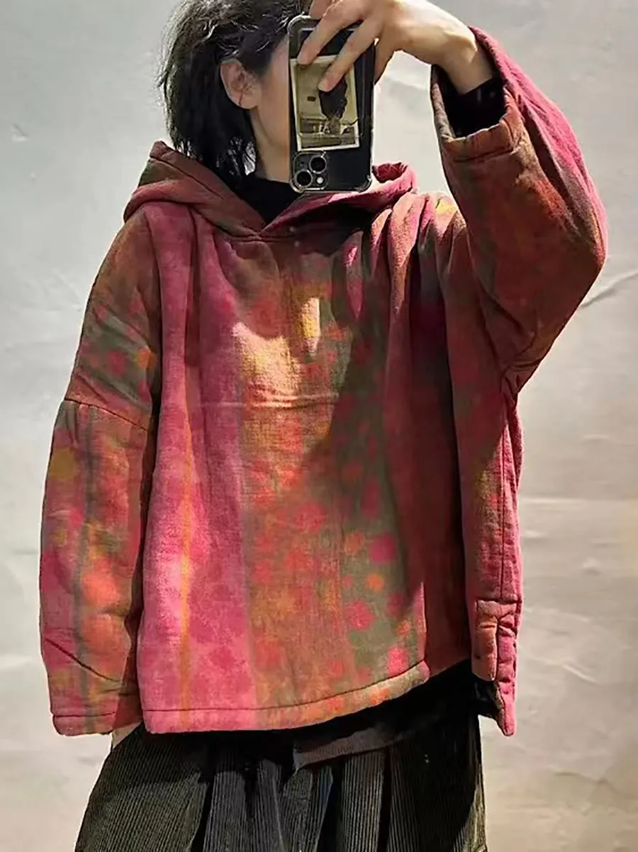 Women Vintage Winter Spliced Hooded Padded Coat